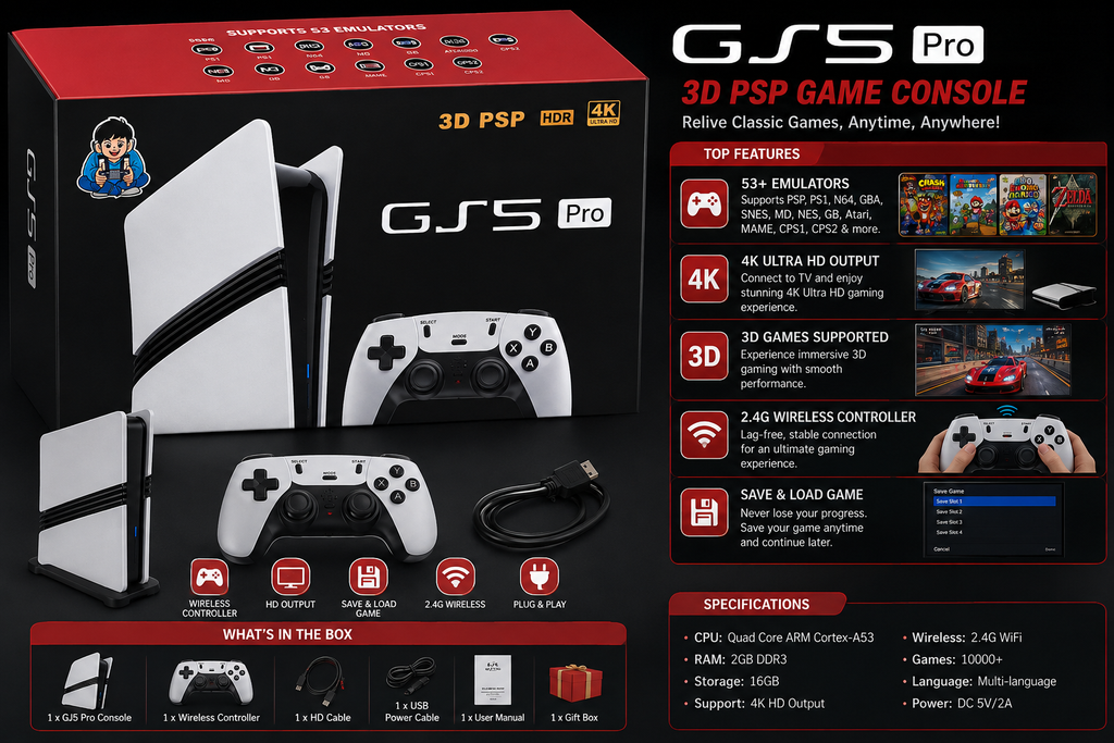 GS5 Pro 4K Ultra HD Retro Gaming Console with Wireless Controller