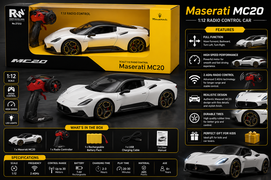 Maserati MC20 1:12 Scale Remote Control Sports Car – White Model 27212