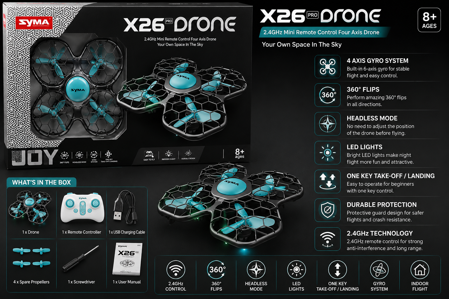 SYMA X26 Pro Mini RC Drone with Obstacle Avoidance, Altitude Hold & 360° Flips – 2.4GHz