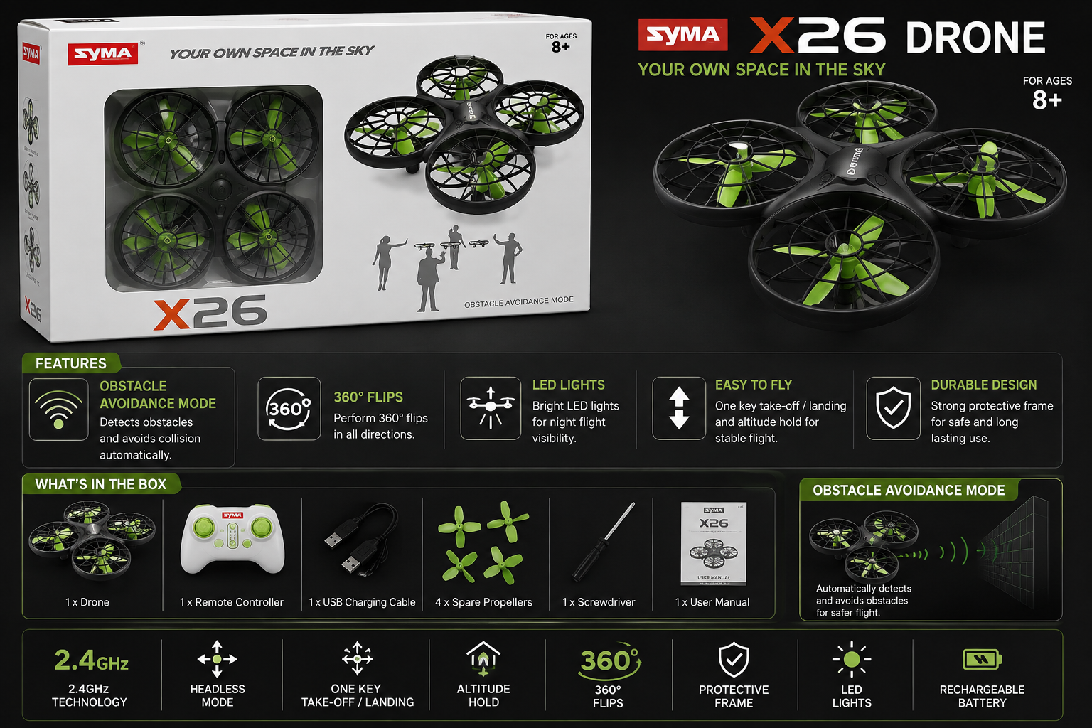 SYMA X26 Mini RC Drone with Obstacle Avoidance, Auto Hover & 360° Flips – 2.4GHz | 8+ Years