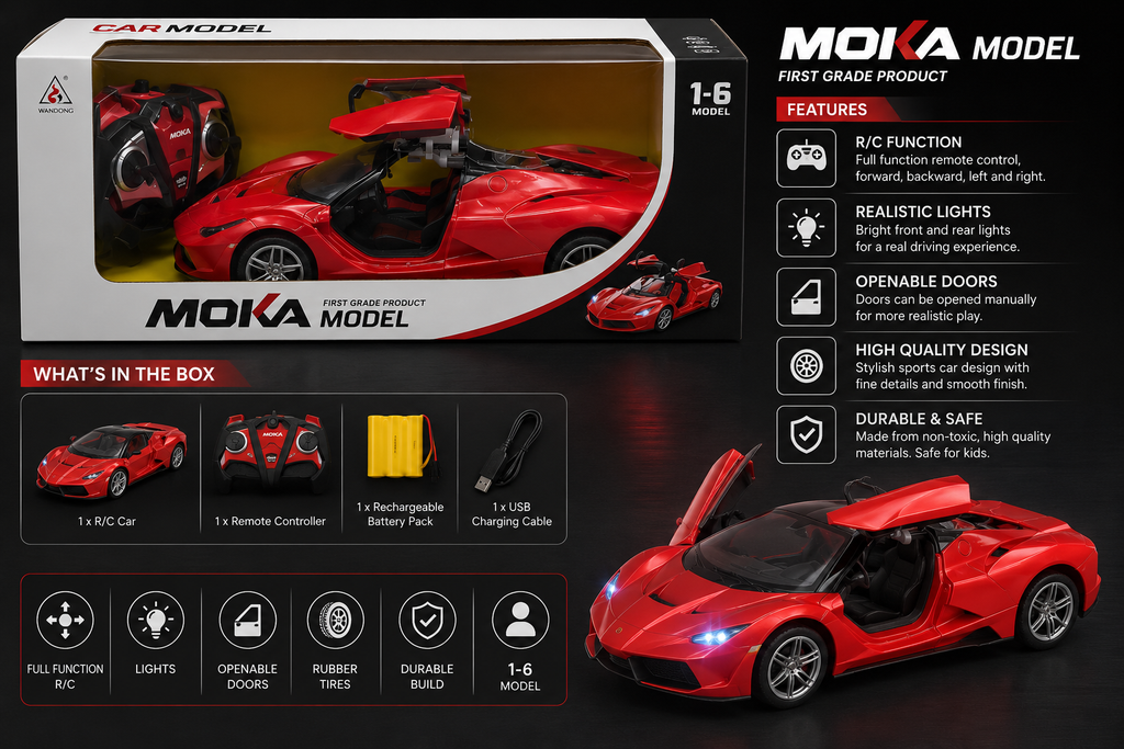 MOKA Model 1:6 Scale Remote Control Super Sports Car with Opening Doors & Lights – Red