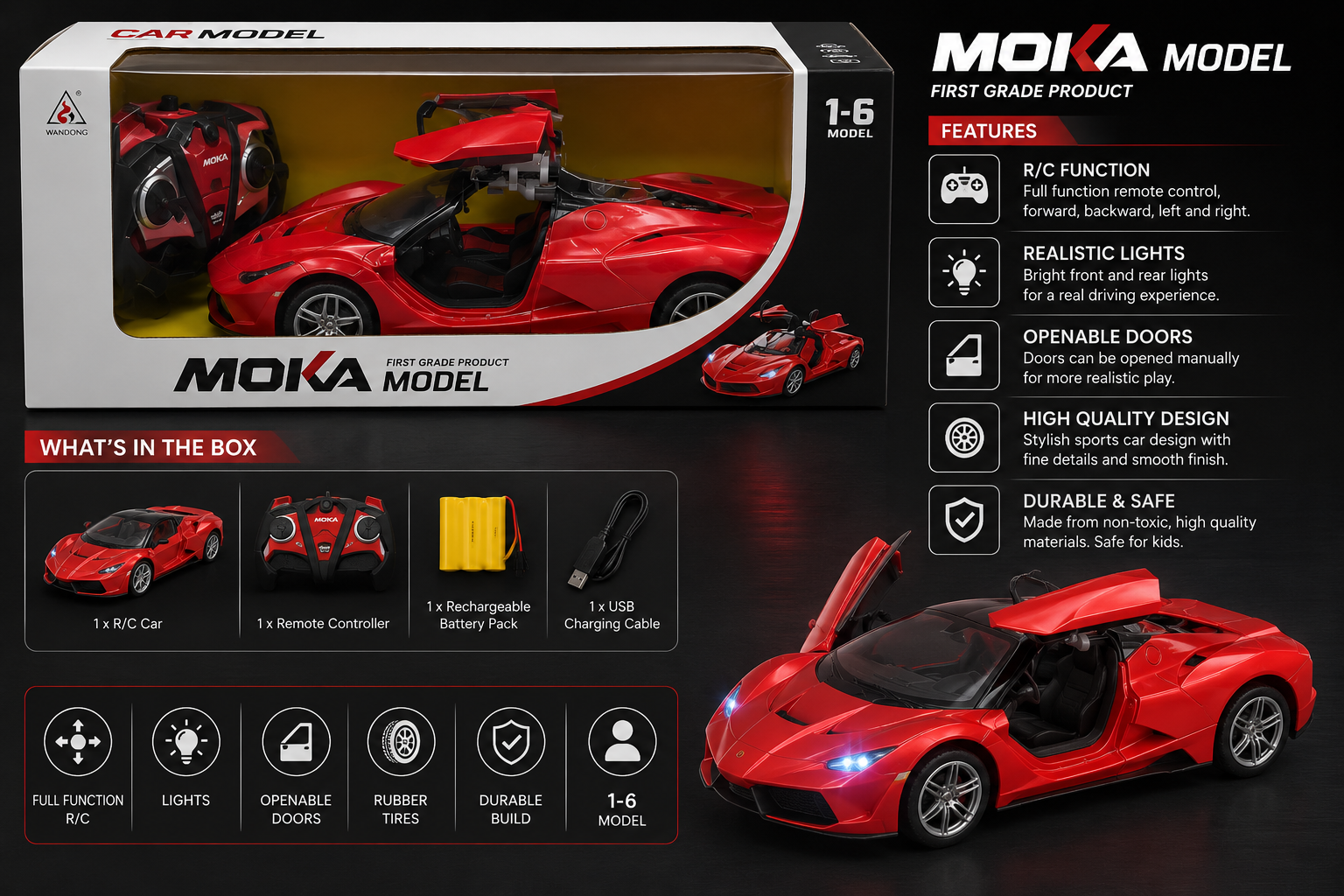 MOKA Model 1:6 Scale Remote Control Super Sports Car with Opening Doors & Lights – Red