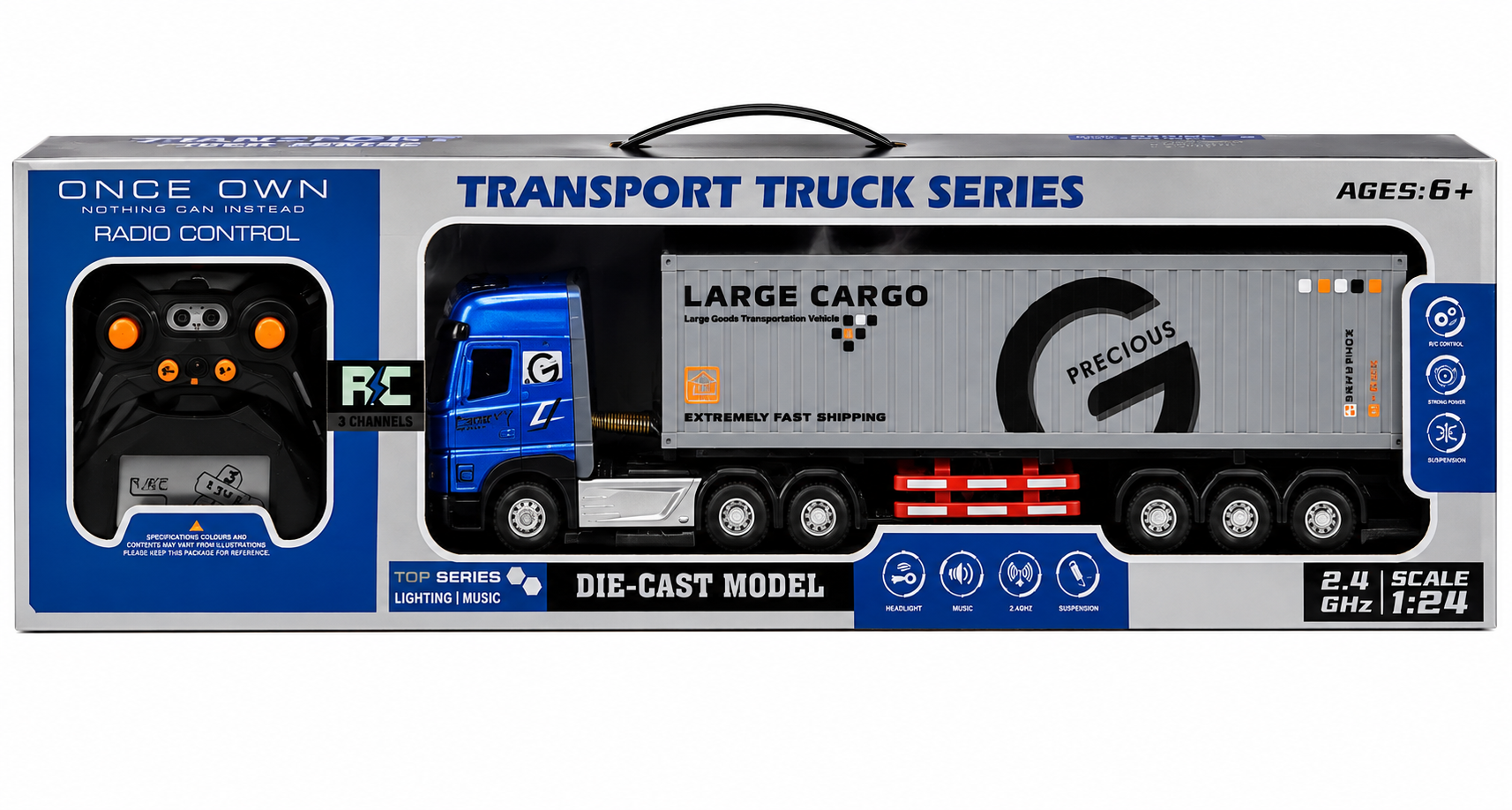 1:24 Scale Remote Control Large Cargo Container Truck – 2.4GHz 9-Channel RC Transport Truck with Lights & Music