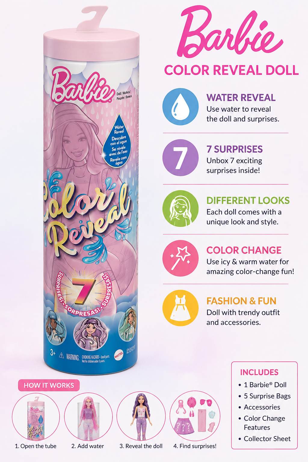 Barbie Color Reveal Doll with 7 Surprises – Water Reveal Mystery Doll | 3+ Years