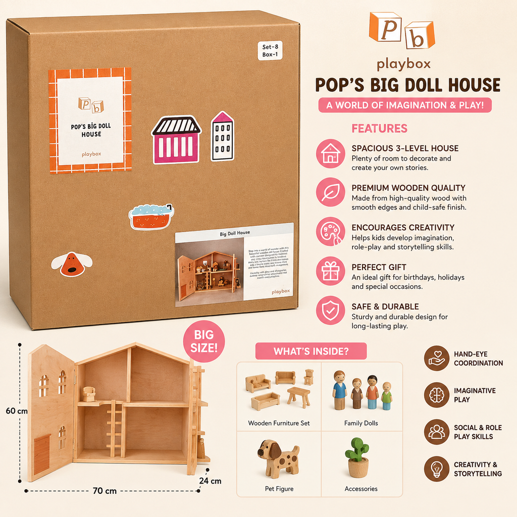 Playbox Pop’s Big Wooden Doll House with Furniture & Accessories for Kids