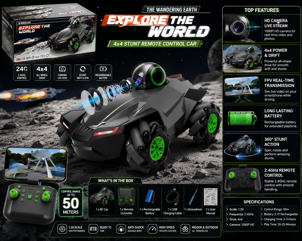 4×4 RC Stunt Car with 1080P HD Camera, 2.4GHz Remote Control & Mecanum Wheels – 1:20 Scale
