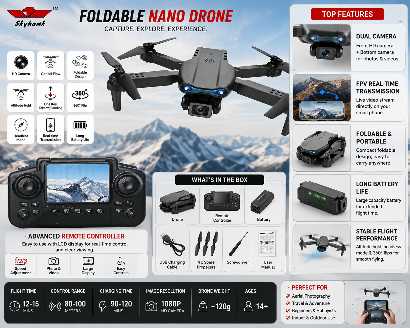 Skyhawk Foldable Nano Drone with Dual Camera, Optical Flow & Display Remote Controller