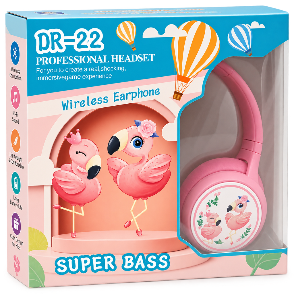 DR-22 Wireless Kids Headphones with Super Bass – Flamingo Design