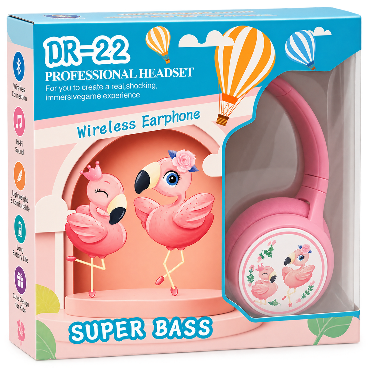 DR-22 Wireless Kids Headphones with Super Bass – Flamingo Design