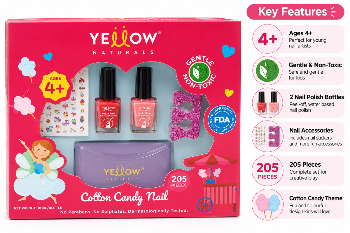 Yellow Naturals Cotton Candy Nail Kit for Kids 4+ Years – 205 Pieces