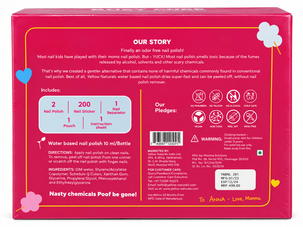 Yellow Naturals Cotton Candy Nail Kit for Kids 4+ Years – 205 Pieces