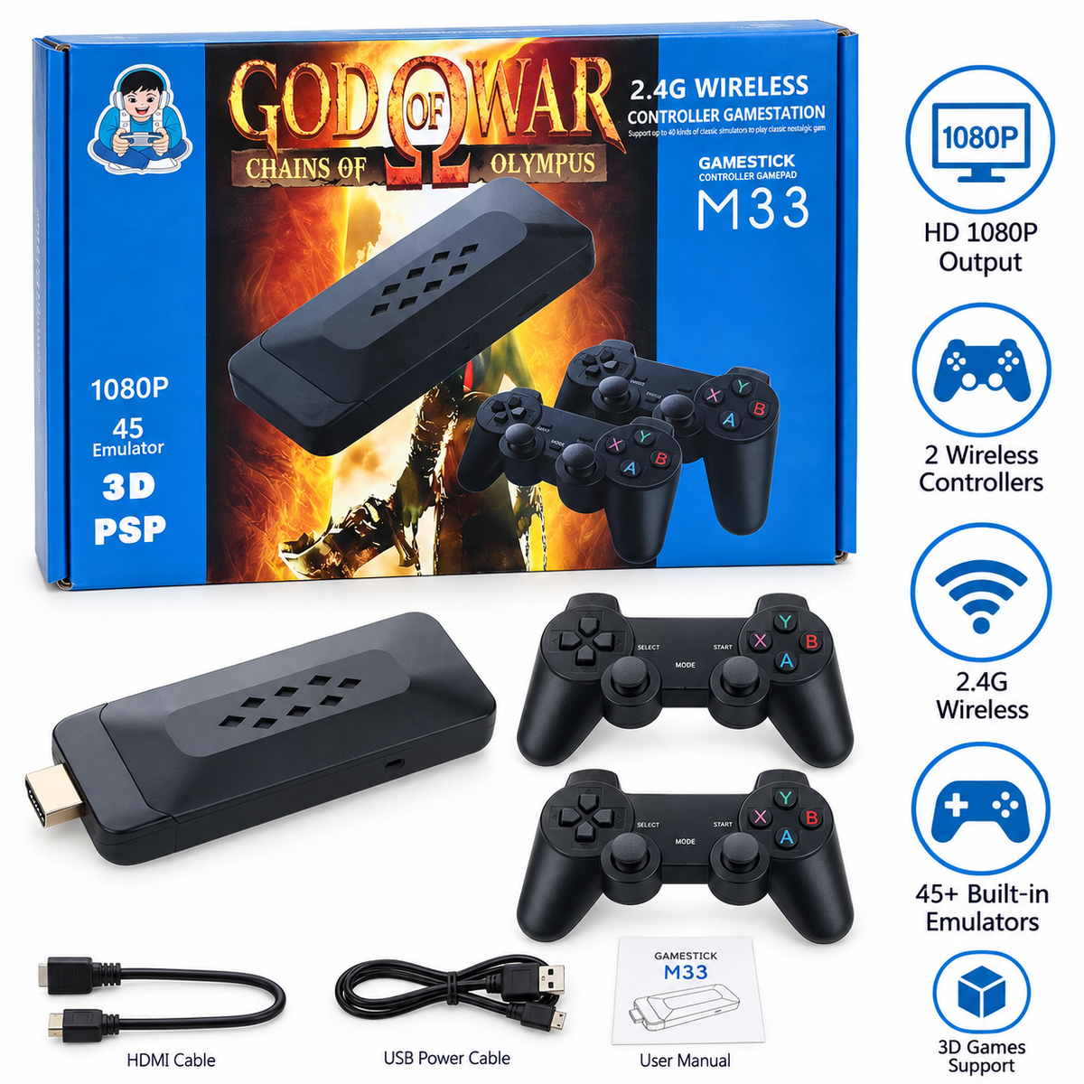 M33 2.4G Wireless Game Station 1080P with 45 Emulators & Dual Controllers