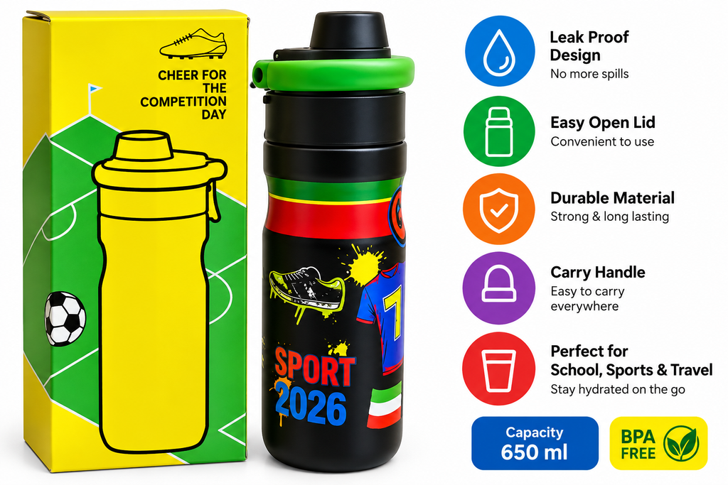 Kids Sports Water Bottle 650ml – Football Theme | Assorted Colours