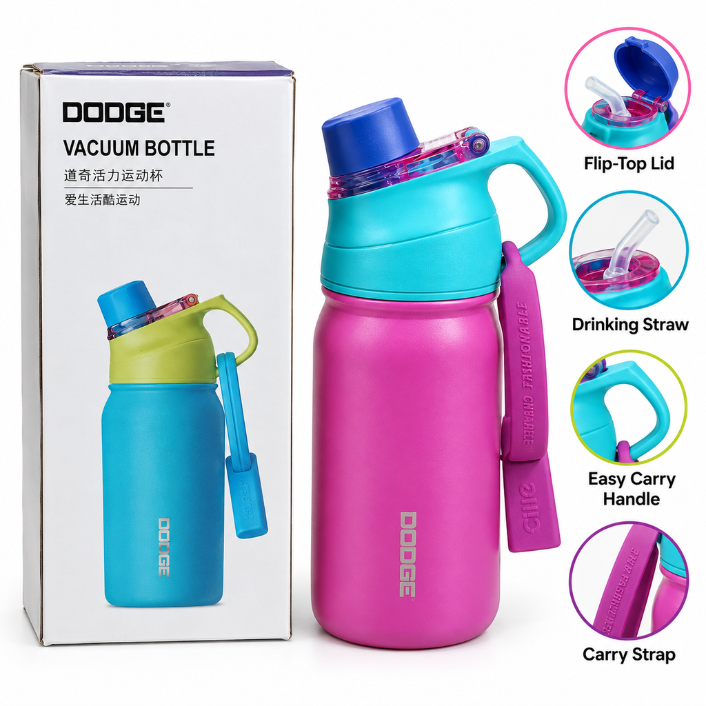 Dodge Vacuum Bottle 650ml with Straw & Handle – Assorted Colours