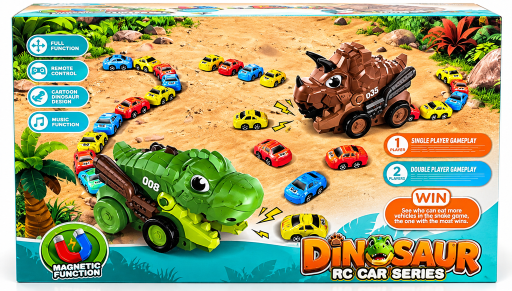 Dinosaur Remote Control Car Series with Remote Control, Music Function & Magnetic Snake Game, 6 Years+