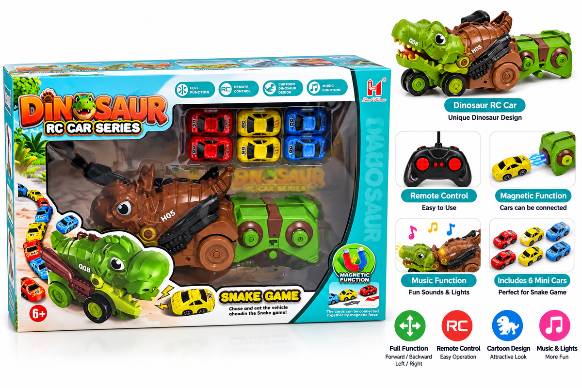 Dinosaur Remote Control Car Series with Remote Control, Music Function & Magnetic Snake Game, 6 Years+