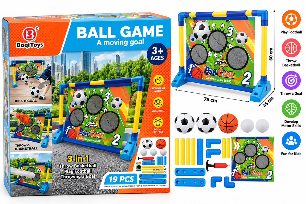3-in-1 Kids Ball Game Set with Football, Basketball & Goal Throwing, Indoor & Outdoor Sports Toy, 3 Years+
