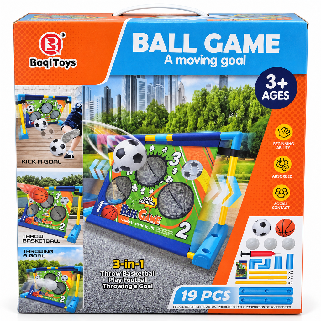 3-in-1 Kids Ball Game Set with Football, Basketball & Goal Throwing, Indoor & Outdoor Sports Toy, 3 Years+