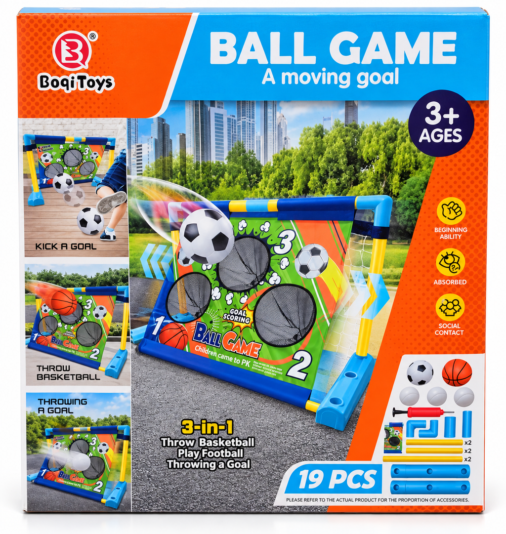 3-in-1 Kids Ball Game Set with Football, Basketball & Goal Throwing, Indoor & Outdoor Sports Toy, 3 Years+