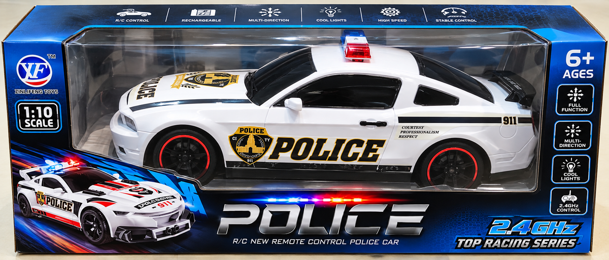 1:10 Scale Police Remote Control Car with Remote Control, Lights, Full Function & Multi-Direction Drive, Assorted Color, 6 Years+