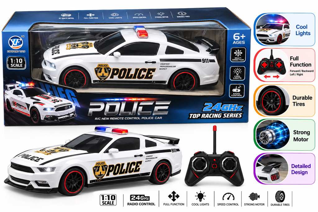 1:10 Scale Police Remote Control Car with Remote Control, Lights, Full Function & Multi-Direction Drive, Assorted Color, 6 Years+