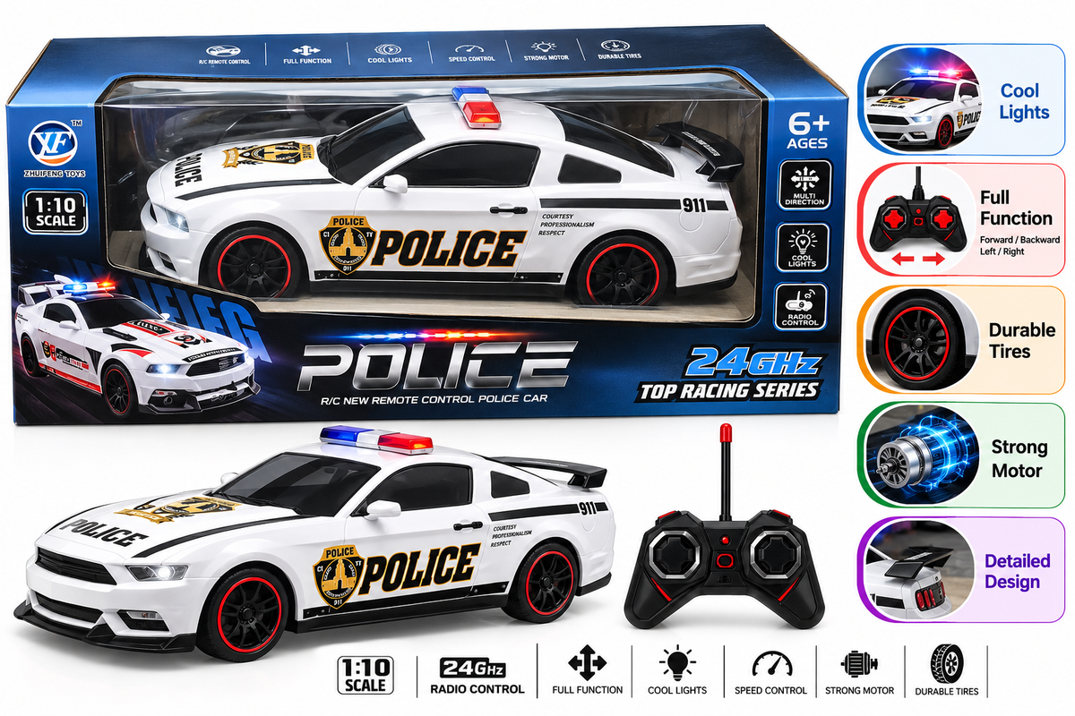 1:10 Scale Police Remote Control Car with Remote Control, Lights, Full Function & Multi-Direction Drive, Assorted Color, 6 Years+