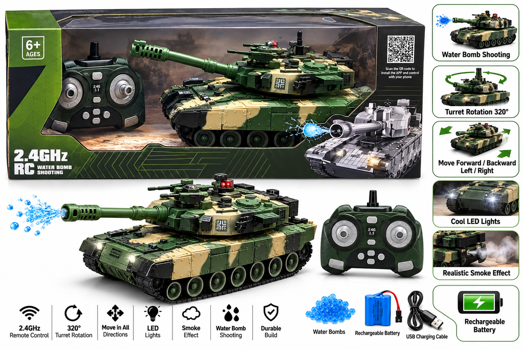 2.4GHz Remote Control Military Tank with Water Bomb Shooting & Remote Control – 6+ Years
