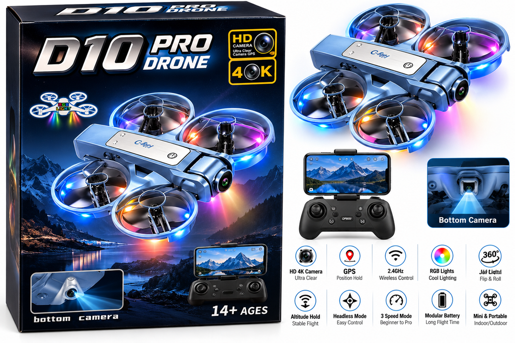 D10 Pro Drone with HD & 4K Camera, RGB Lights & Bottom Camera – 14+ Years