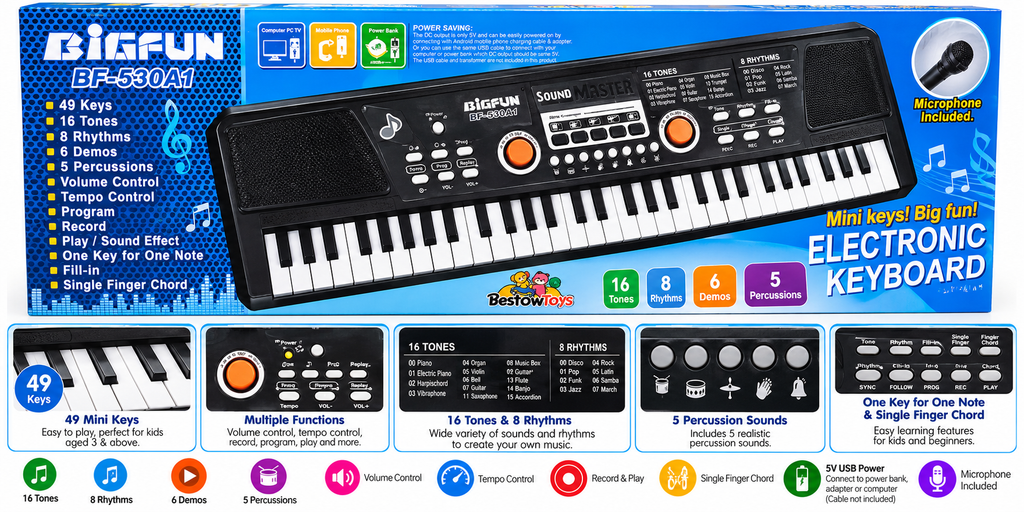 BIGFUN BF-530A1 49-Key Electronic Keyboard with Microphone