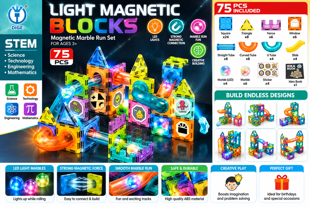 DIGE Light Magnetic Blocks 75 Pcs – Magnetic Marble Run STEM Set