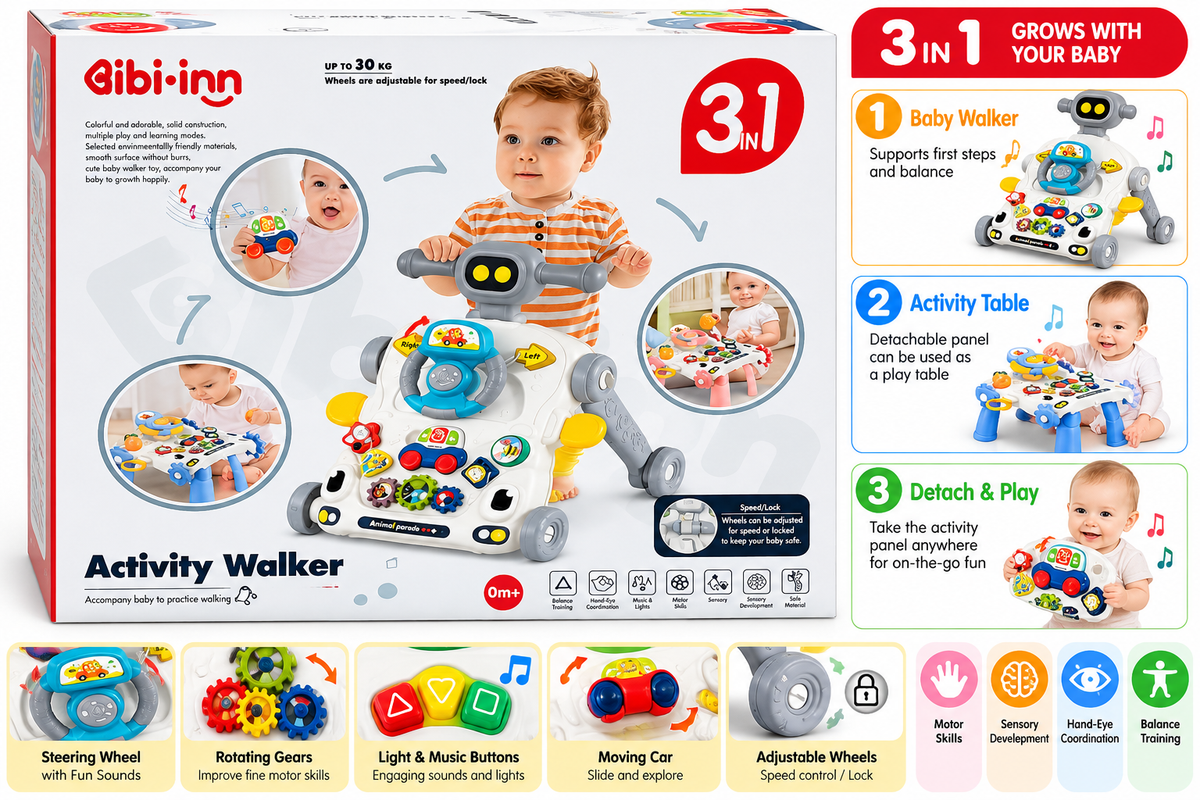 Bibi-inn 3-in-1 Activity Walker for Babies with Interactive Learning Toys, Adjustable Wheels & Push Walker | 0+ Months