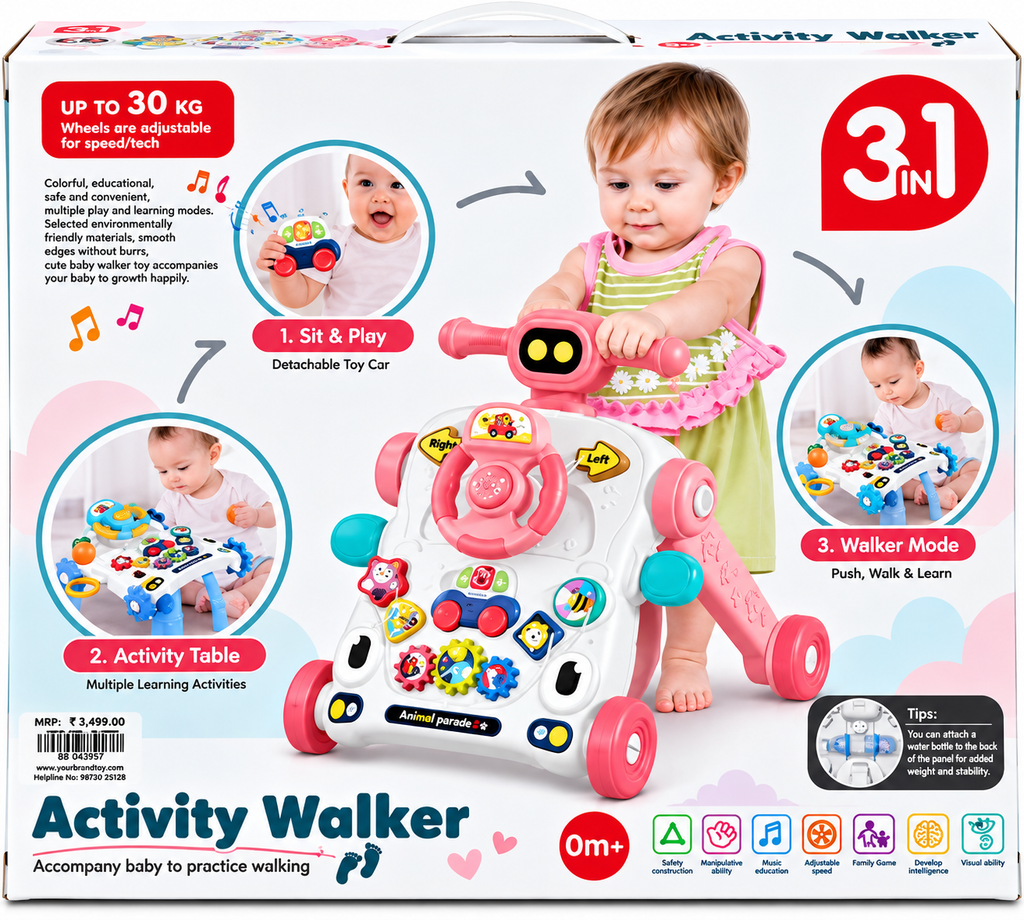 Bibi-inn 3-in-1 Activity Walker for Babies with Interactive Learning Toys, Adjustable Wheels & Push Walker | 0+ Months
