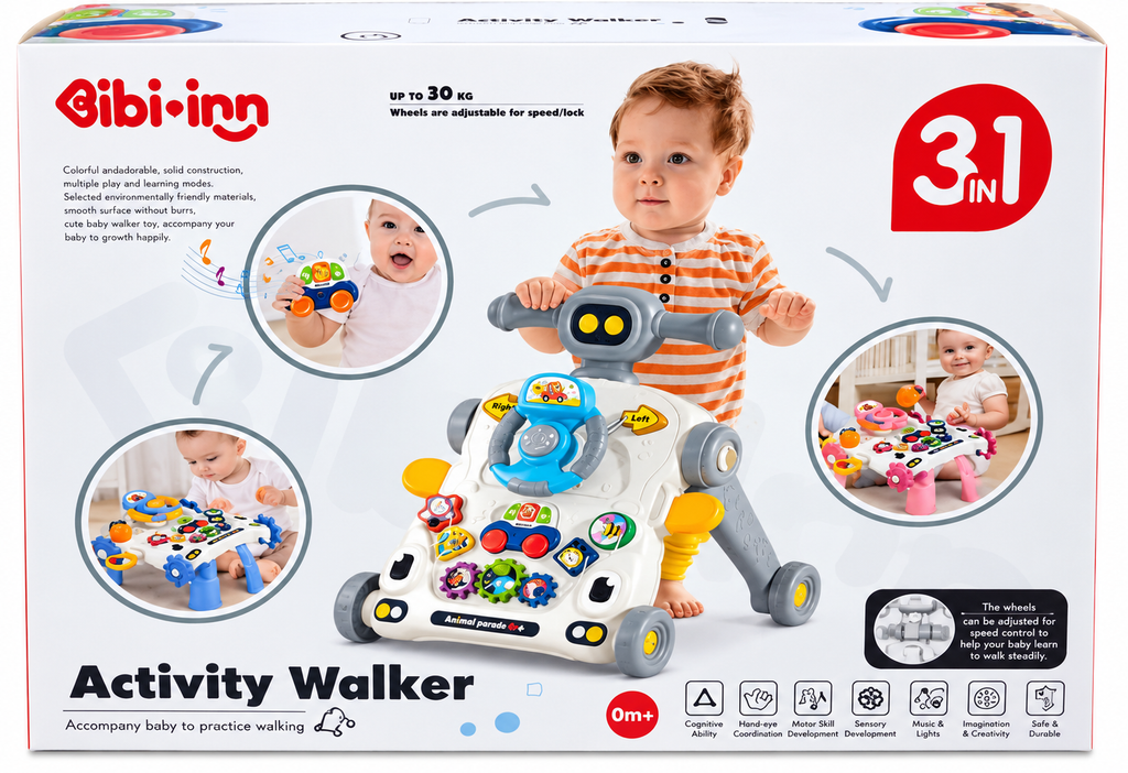 Bibi-inn 3-in-1 Activity Walker for Babies with Interactive Learning Toys, Adjustable Wheels & Push Walker | 0+ Months