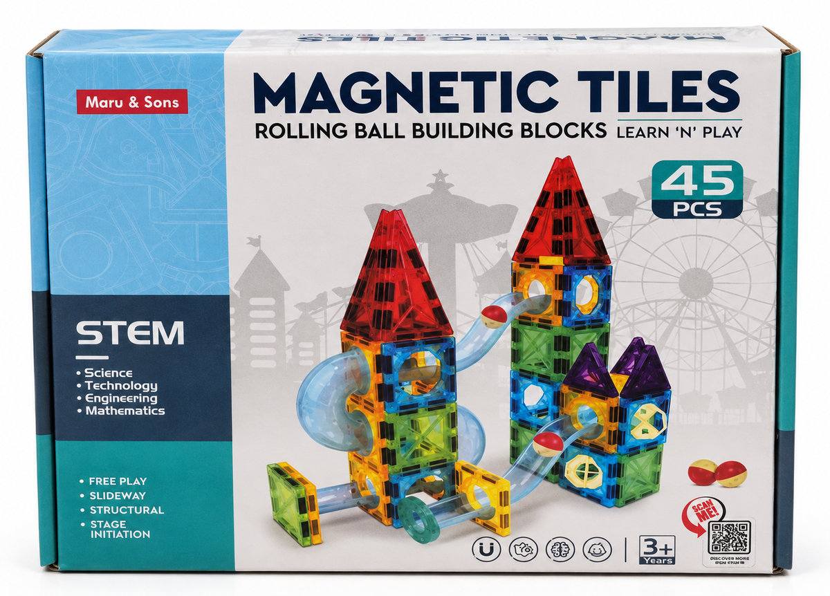 Maru & Sons Magnetic Tiles Rolling Ball Building Blocks 45 Pcs STEM Construction Set for Kids 3+