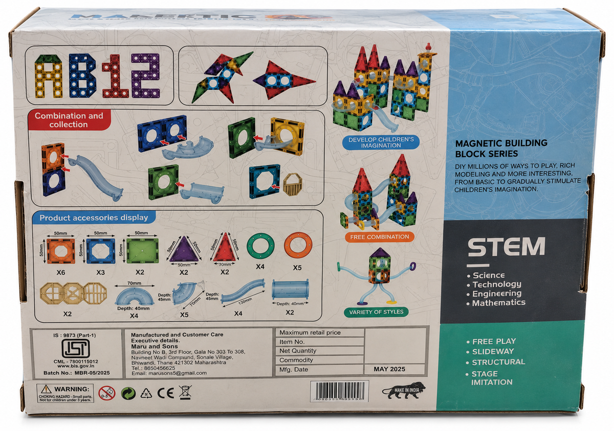 Maru & Sons Magnetic Tiles Rolling Ball Building Blocks 45 Pcs STEM Construction Set for Kids 3+