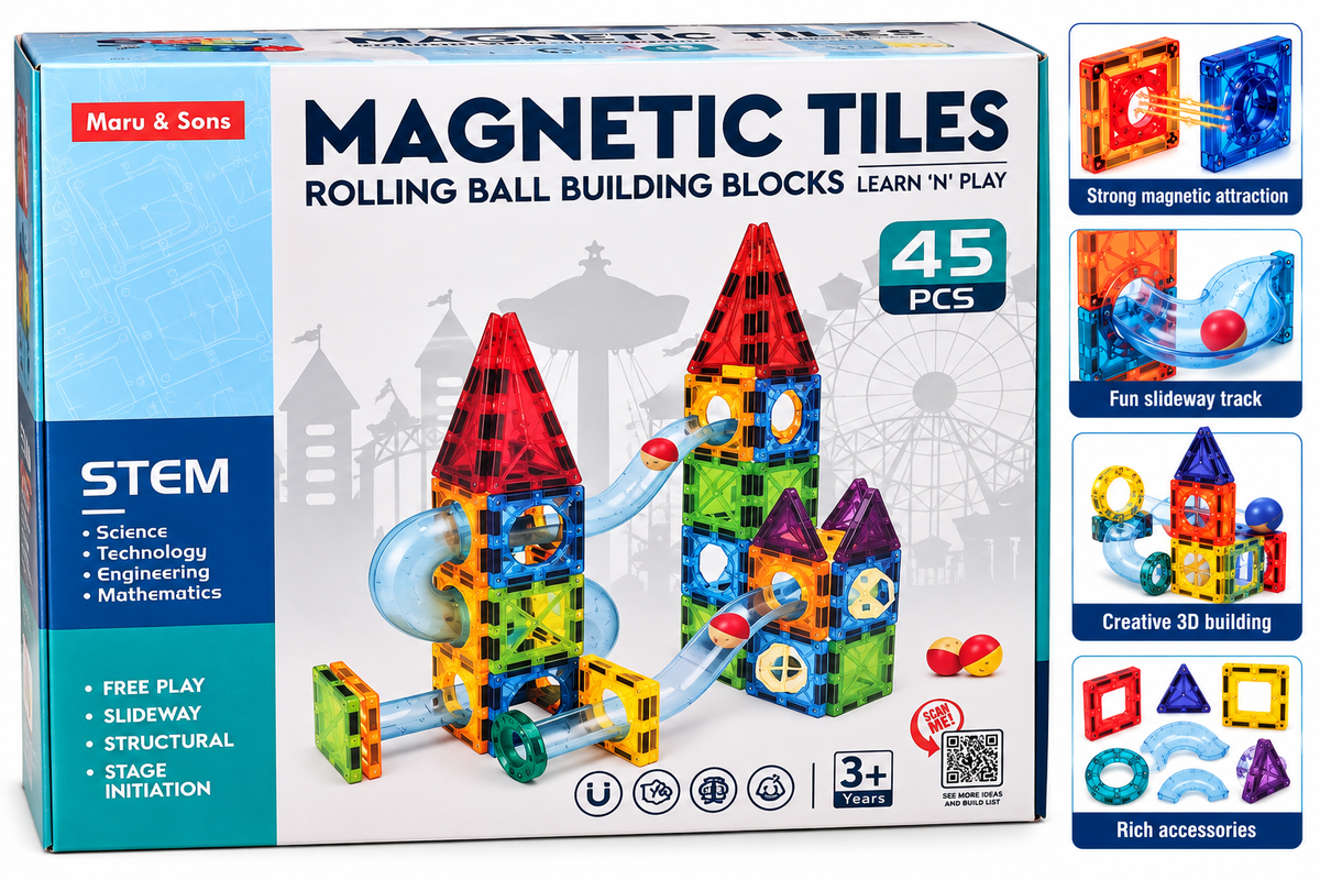 Maru & Sons Magnetic Tiles Rolling Ball Building Blocks 45 Pcs STEM Construction Set for Kids 3+