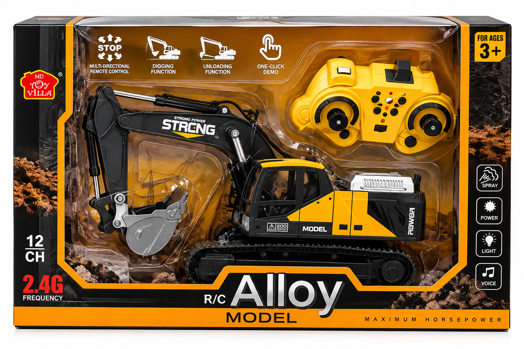 12CH 2.4G RC Alloy Excavator with Lights, Sound & Spray – Kids 6+