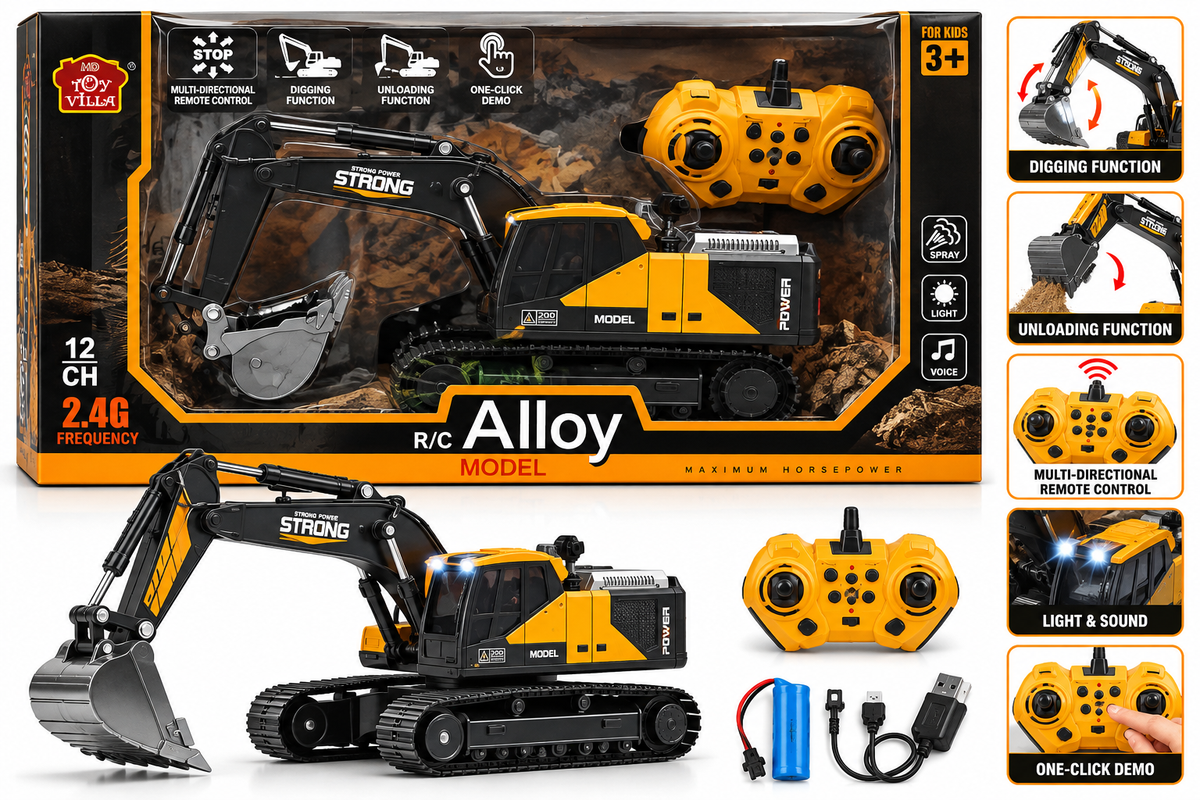 12CH 2.4G RC Alloy Excavator with Lights, Sound & Spray – Kids 6+