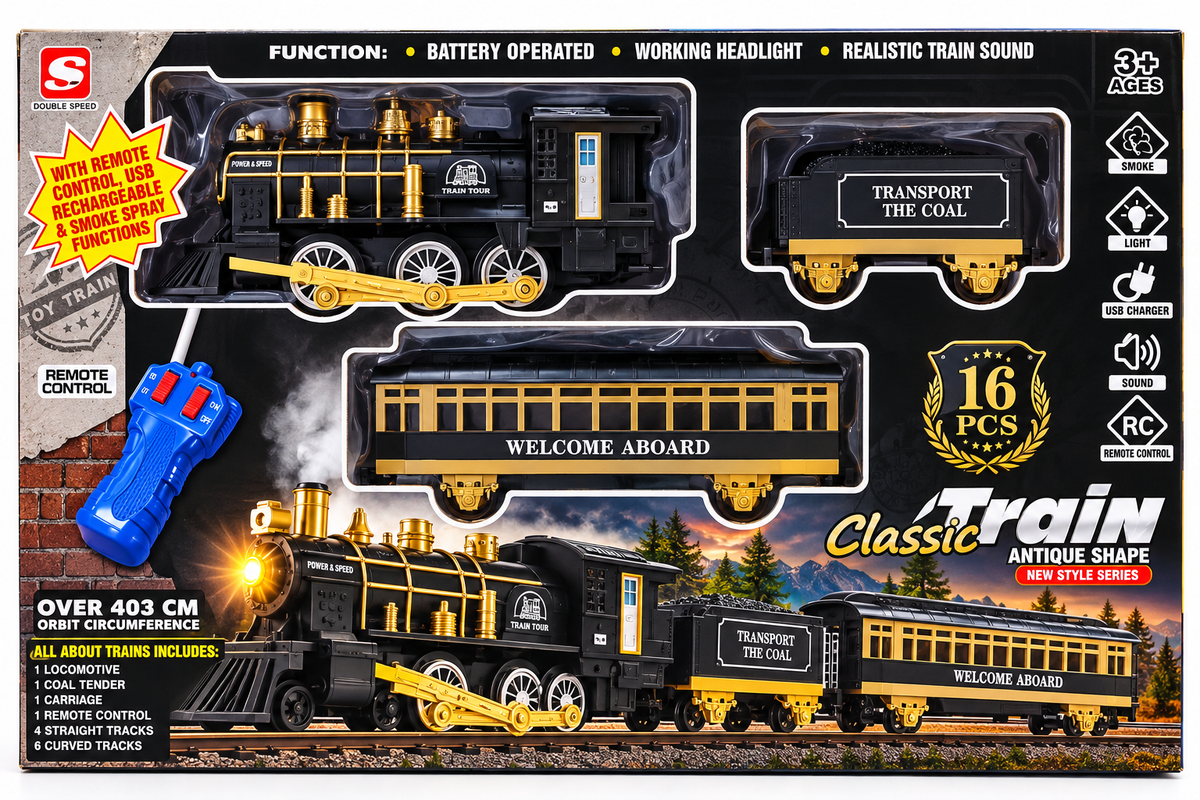 Classic Train Remote Control Toy with Smoke, Lights & Sound | 16-Piece Set