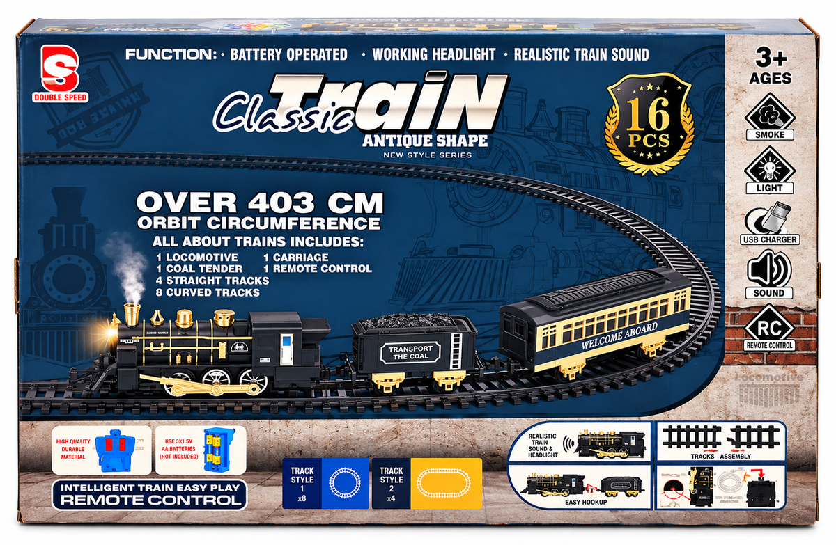 Classic Train Remote Control Toy with Smoke, Lights & Sound | 16-Piece Set