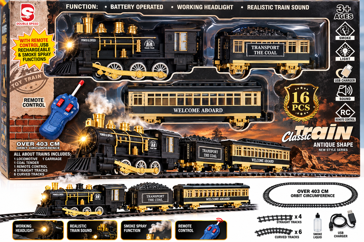 Classic Train Remote Control Toy with Smoke, Lights & Sound | 16-Piece Set