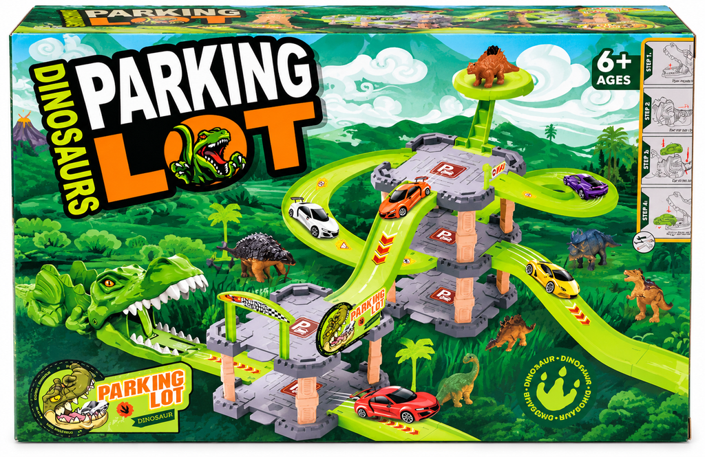 Dinosaur Parking Lot Toy Set with Vehicle Launching Playset for Kids 3+ Years
