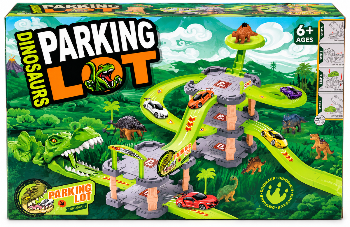 Dinosaur Parking Lot Toy Set with Vehicle Launching Playset for Kids 3+ Years
