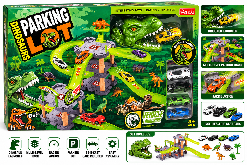 Dinosaur Parking Lot Toy Set with Vehicle Launching Playset for Kids 3+ Years