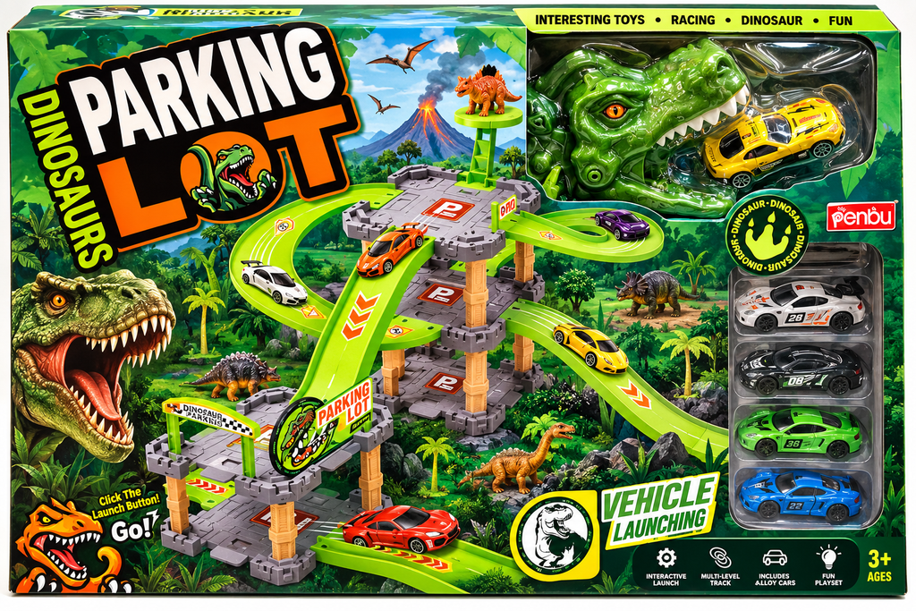 Dinosaur Parking Lot Toy Set with Vehicle Launching Playset for Kids 3+ Years