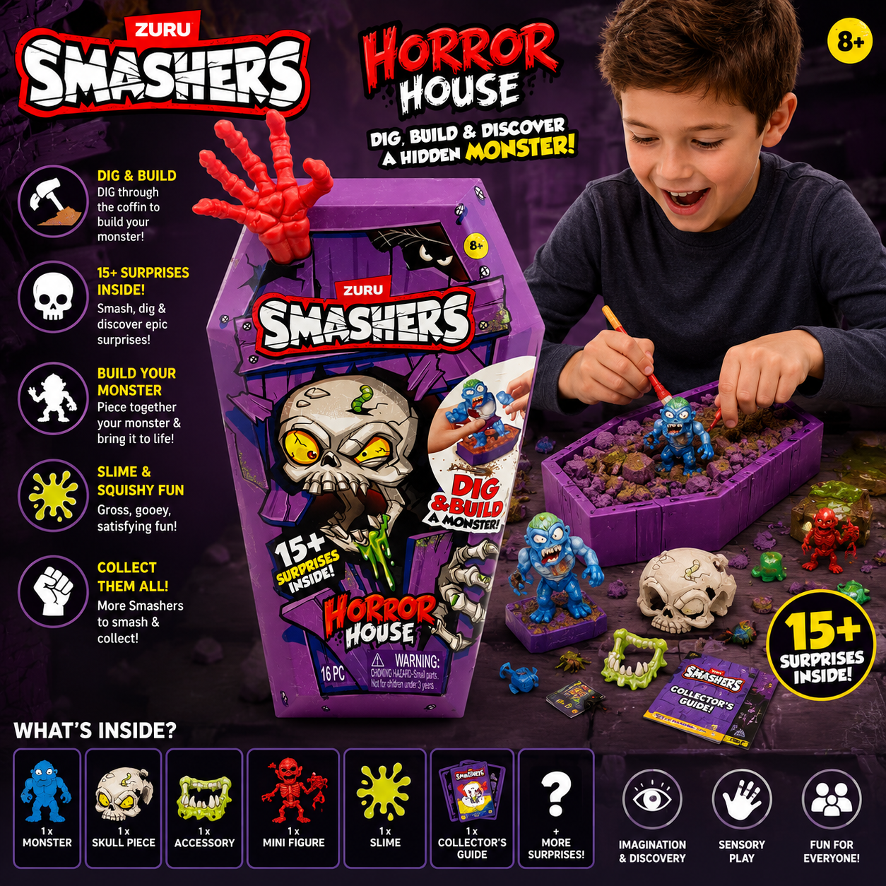 ZURU Smashers Horror House Dig & Build Monster Surprise Toy – 16 Pcs