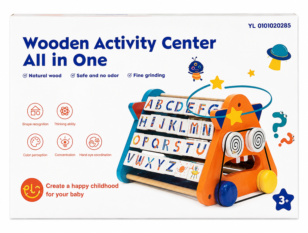Wooden Activity Center All-in-One Alphabet Learning & Motor Skills Toy for Kids