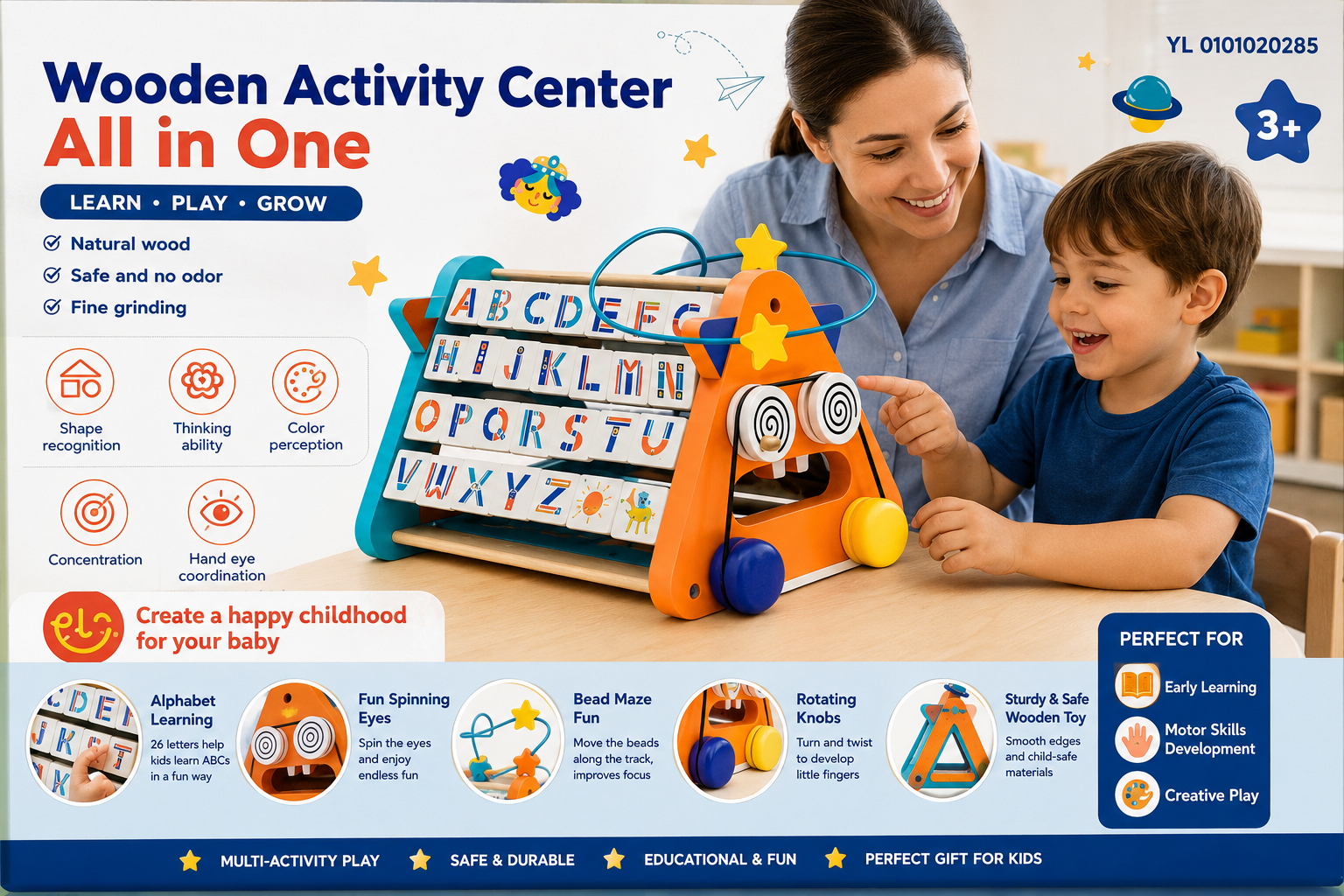 Wooden Activity Center All-in-One Alphabet Learning & Motor Skills Toy for Kids