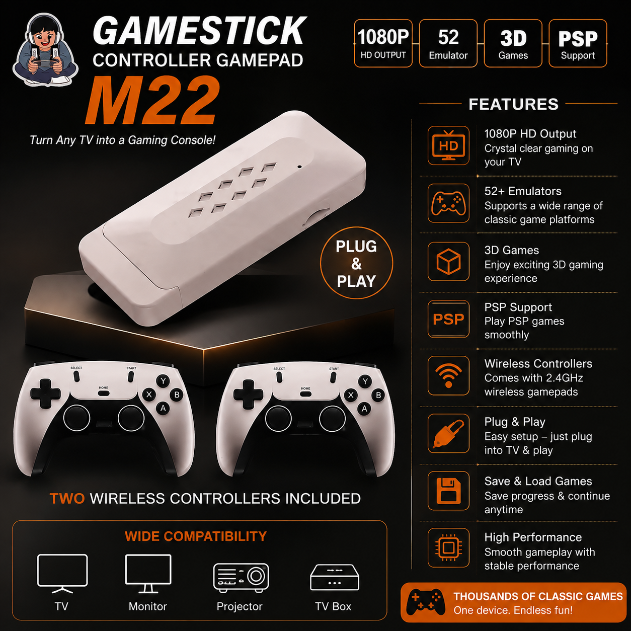 M22 Retro Game Stick Console with Dual Wireless Controllers – 1080P HD Gaming