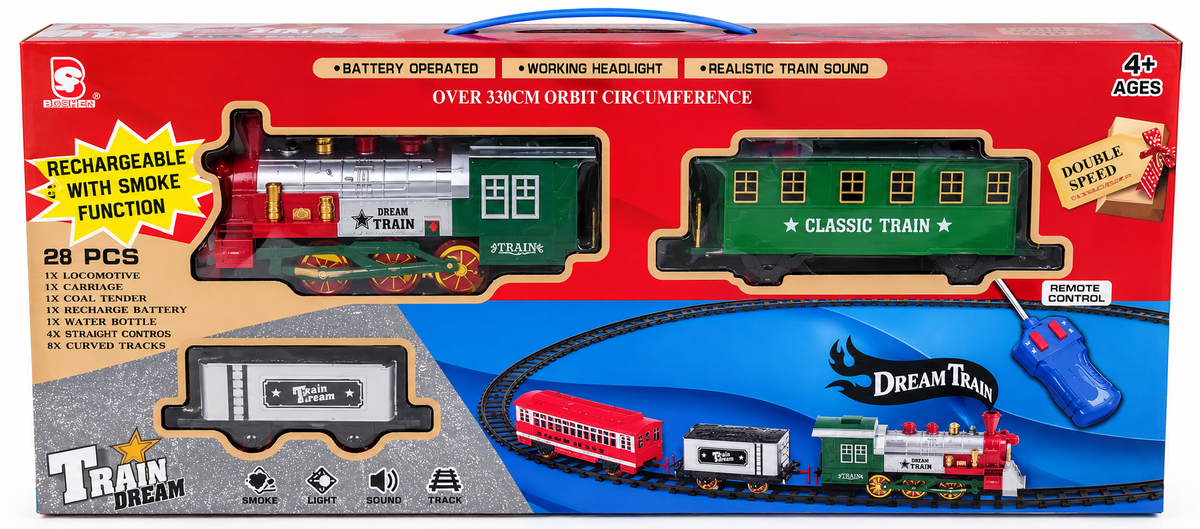 Dream Train 26 Pcs Rechargeable Remote Control Train Set with Smoke, Light & Sound